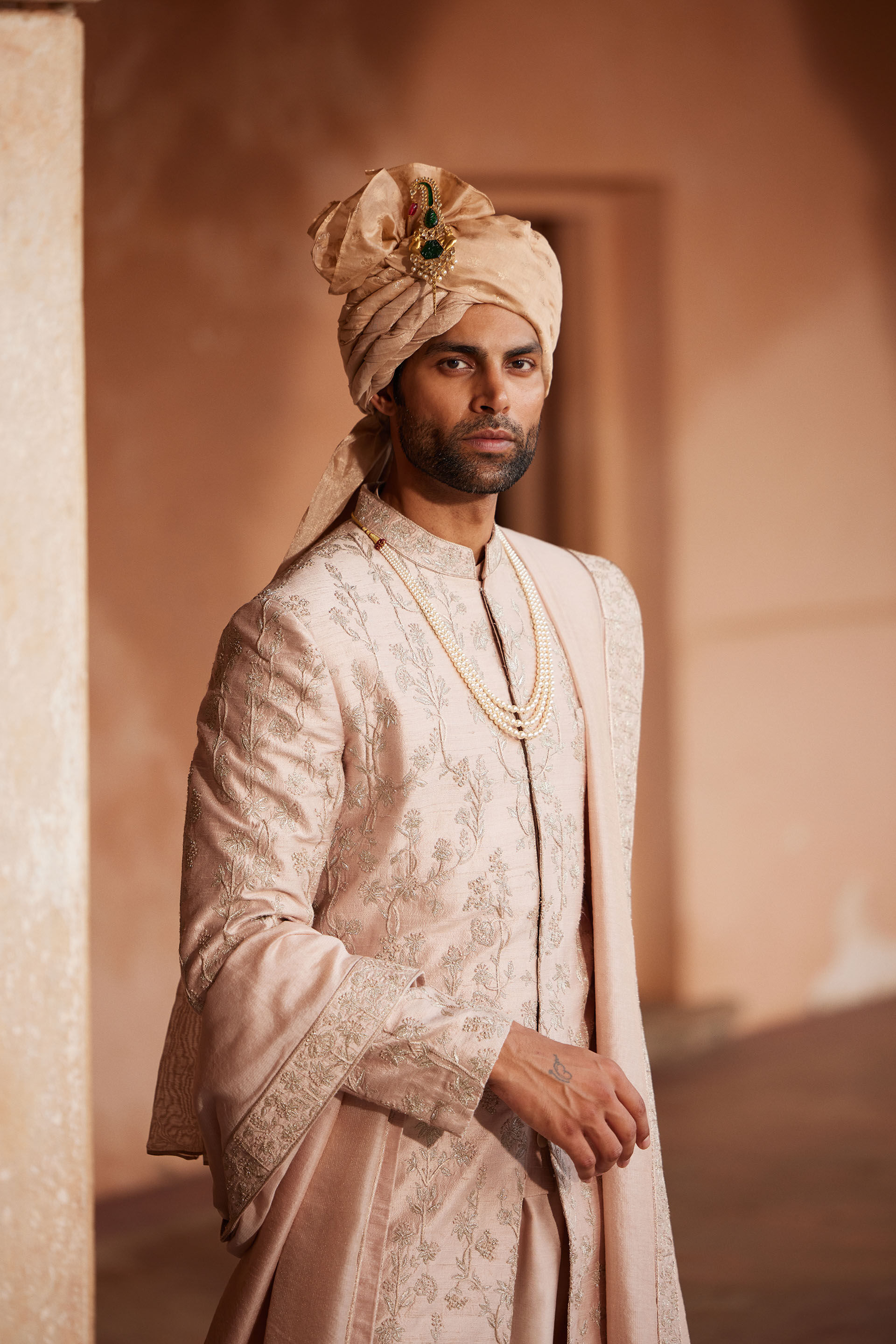 Ahmar Hand-embroidered Silk Sherwani - Salmon, Salmon, image 8